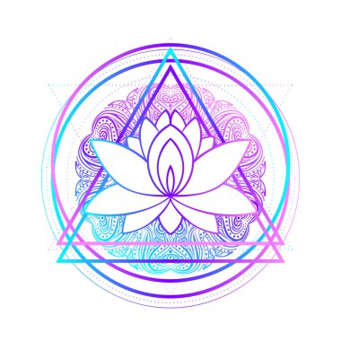 Lotus, Kutsal Geometri. Ayurveda sembolü, uyum, denge, evren. Dövme et tasarımı, yoga logosu. Boho baskısı, poster, tişört tekstili. Stres önleyici kitap. İzole vektör illüstrasyonu
