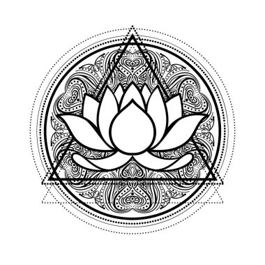 Lotus, Kutsal Geometri. Ayurveda sembolü, uyum, denge, evren. Dövme et tasarımı, yoga logosu. Boho baskısı, poster, tişört tekstili. Stres önleyici kitap. İzole vektör illüstrasyonu