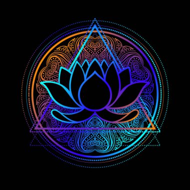 Lotus, Kutsal Geometri. Ayurveda sembolü, uyum, denge, evren. Dövme et tasarımı, yoga logosu. Boho baskısı, poster, tişört tekstili. Stres önleyici kitap. İzole vektör illüstrasyonu