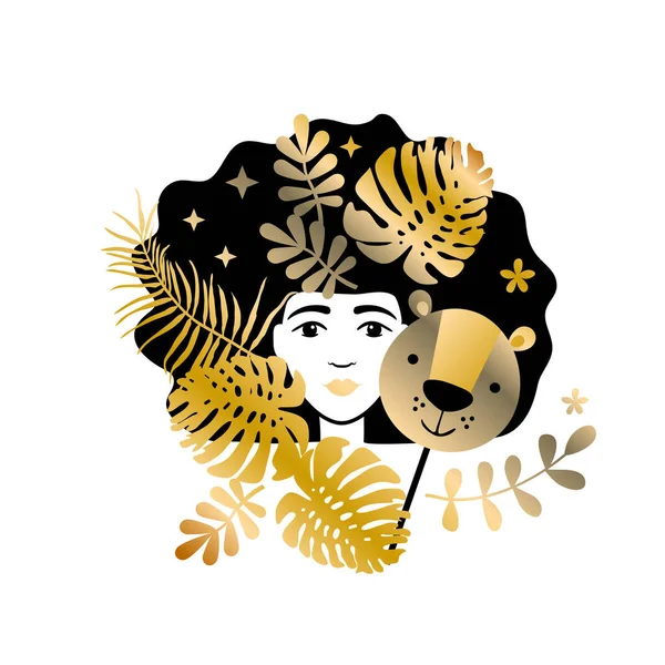 León Leo Concepto Zodiaco Horóscopo Arte Vectorial Ilustración Una Chica — Vector de stock