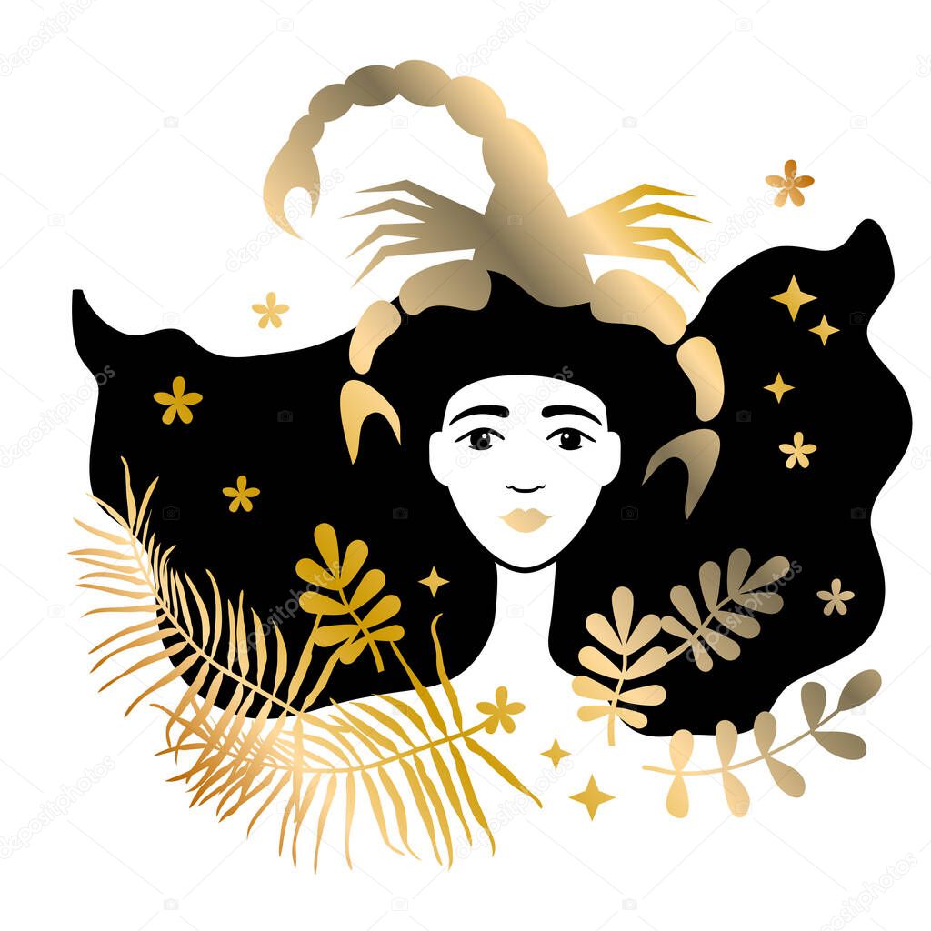 Scorpion to Scorpio of zodiac and horoscope concept, vector art and illustration. Beautiful girl silhouette. Astrological sign as a beautiful women. Future telling, horoscope, alchemy