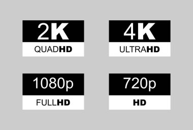 4k ultrahd, 2k quadhd, 1080 fullhd, 720 HD görüntü çözünürlüğü simgesi logosu. TV / Game ekran görüntüleme etiketi. Yüksek çözünürlüklü etiketler, simgeler. HD Hazır, HD, Full HD ve Ultra