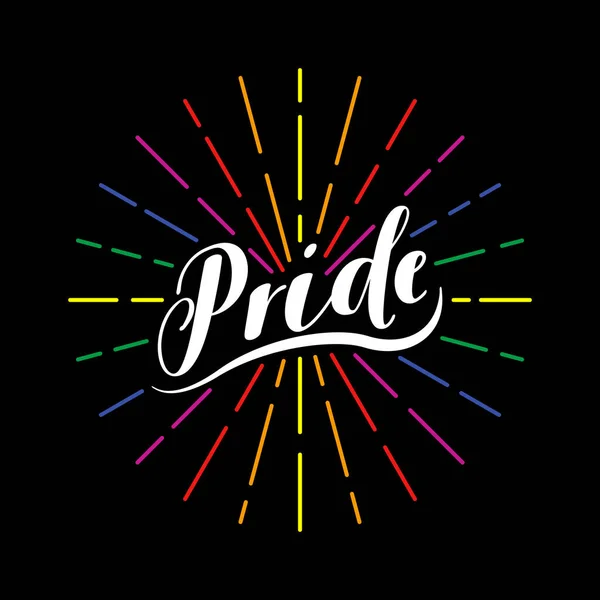 誇りだ レインボーだ Lgbtの虹の旗の色で着色されたレインボープライドレタリングテキスト 虹の色の文字Lgbtコミュニティの黒の背景にフラグ Lgbtの権利の概念 同性愛の象徴 — ストックベクタ