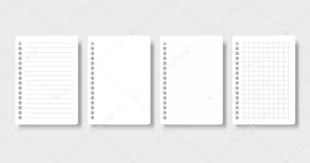 Notebook white stripe pages set. Notepad blank paper sheet. A4 notepad line paper. Notebook blank template. Creative vector illustration of realistic notebooks lined and dots paper page