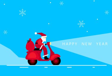 Komik şirin Noel Baba bir çanta dolusu hediyeyle motosiklete biniyor. Mutlu Noeller ve mutlu yıllar dilerim. Motosikletli Noel Baba