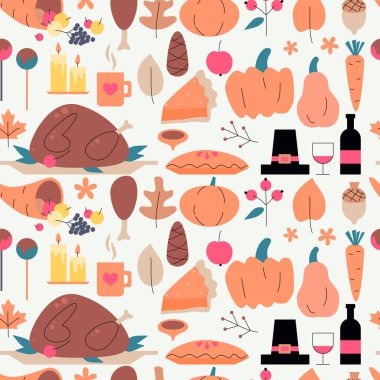 Şükran Günü olayında vektör el çizimi sembolü, tasarım unsuru, işaret. Şükran Günü tasarımı. Hindi, balkabağı, şarap, sonbahar yaprakları, turtalar, meyve, cornucopia, kozalak, şapka