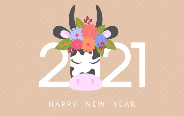 新年明けましておめでとう 2021年 プロジェクトのホリデーデザイン フラットベクトルイラスト 2021中国の旧正月の動物のシンボル 冬休みのグリーティングカード 黒と白の牛と2021年 — ストックベクタ