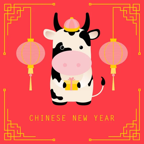 Čínský Nový Rok Červené Pozadí 2021 Rok Býka Hezká Kráva — Stockový vektor