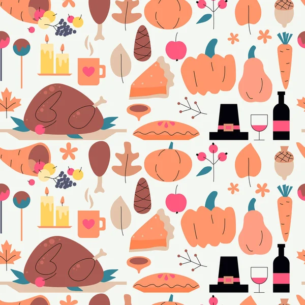 Thanksgiving Day event seamless pattern of vector hand drawn symbol, design element, sign. Thanksgiving Day design. Turkey, pumpkin, wine, autumn leaves, pies, fruit, cornucopia, pine cone, hat — Stock Illustration Thanksgiving Day Event Seamless Pattern Vector Hand Drawn Symbol Design Royalty Free Stock Illustrations