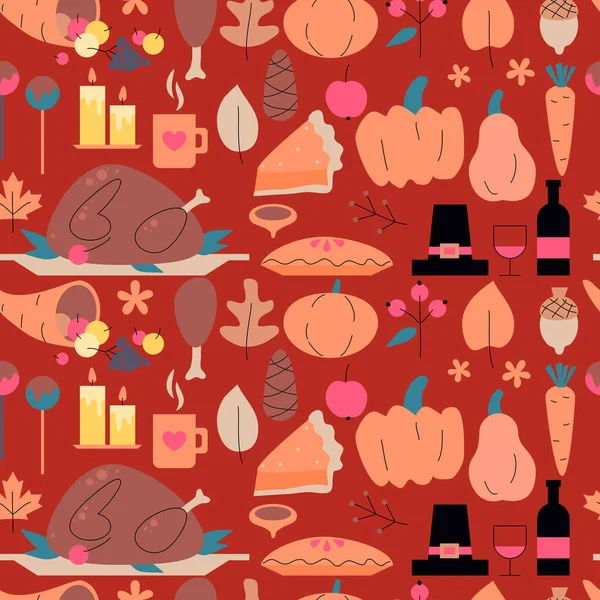 Thanksgiving Day event seamless pattern of vector hand drawn symbol, design element, sign. Thanksgiving Day design. Turkey, pumpkin, wine, autumn leaves, pies, fruit, cornucopia, pine cone, hat — Stock Illustration Thanksgiving Day Event Seamless Pattern Vector Hand Drawn Symbol Design Stock Vector