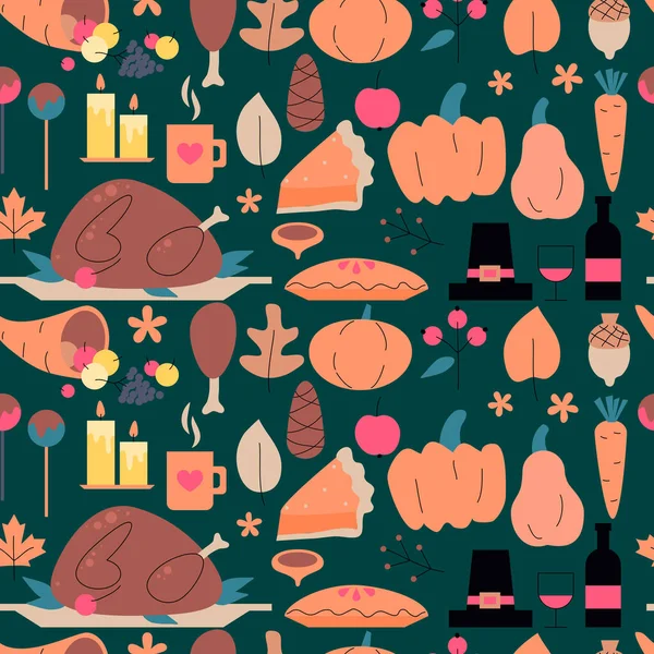 Thanksgiving Day event seamless pattern of vector hand drawn symbol, design element, sign. Thanksgiving Day design. Turkey, pumpkin, wine, autumn leaves, pies, fruit, cornucopia, pine cone, hat — Stock Illustration Thanksgiving Day Event Seamless Pattern Vector Hand Drawn Symbol Design Royalty Free Stock Vectors