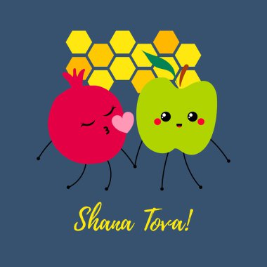 Rosh Hashanah 'ın Yahudi bayramı kavramı. Yahudi yeni yıl kutlaması tasarımı. Mutlu Shana Tova 'lar. Elma, nar.