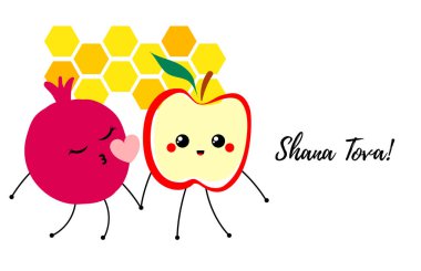 Rosh Hashanah 'ın Yahudi bayramı kavramı. Yahudi yeni yıl kutlaması tasarımı. Mutlu Shana Tova 'lar. Elma, nar.