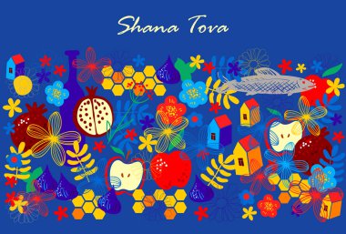Rosh Hashanah 'ın tebrik kartı wiyh sembolleri (nar ve elma, balık, şarap, çiçek, bal). Yahudi yeni yıl kutlaması tasarımı. Mutlu Shana Tova 'lar. İsrail 'de Mutlu Yıllar