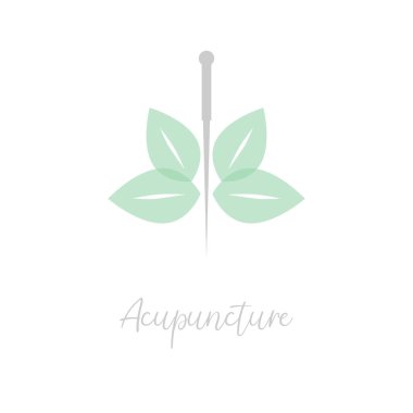 Akupunktur iğnesi ve yeşil yaprak. Alternatif tıp logosu, işaret, simge. Akupunktur sinirleri, kasları ve bağ dokusunu uyaracak yerlerdir. Akupunktur tedavisi. Çin ilacı.