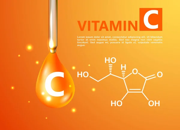 Vitamingold Glänzender Tropfen Mit Vitamin Ascorbinsäure Glänzend Goldene Substanz Fällt — Stockvektor