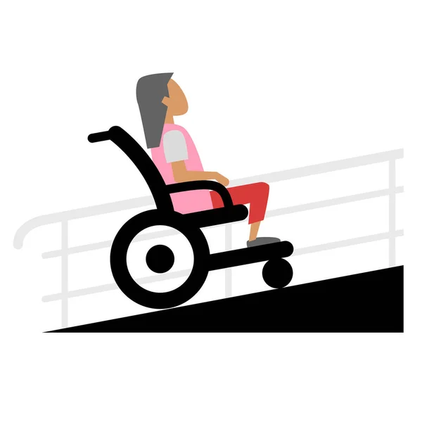 ランプだ 障害者の国際デー ランプの車椅子の女性 身体障害者は障害のある幸せな生活を送っています 平面図ベクトル図 — ストックベクタ