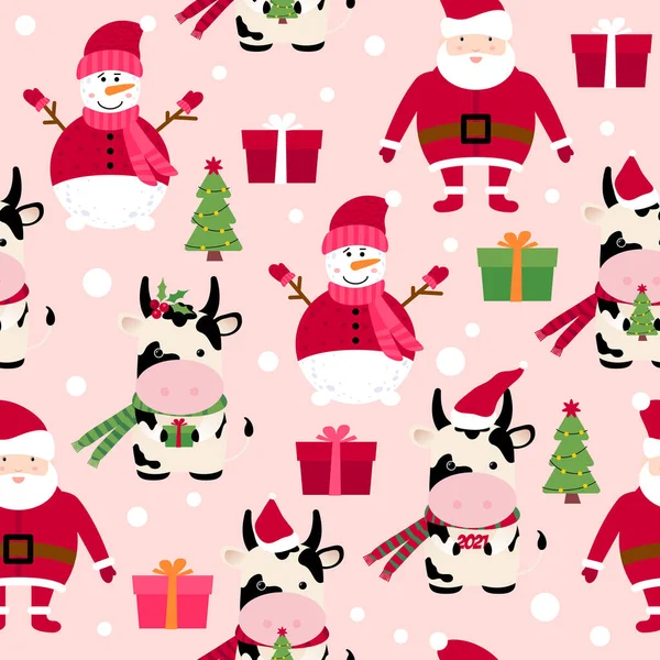 雪だるま サンタクロース ギフト クリスマスツリーとシームレスなパターン 2021シームレスな休日の背景 新年のデザイン 2021年の牛 クリスマスのシンボルとシームレスなパターン — ストックベクタ