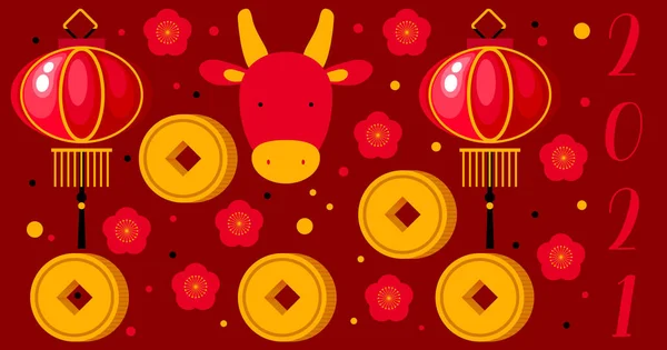 Happy New Year 2021 Cow Cherry Blossom Lantern Money Flowers — Stock Vector