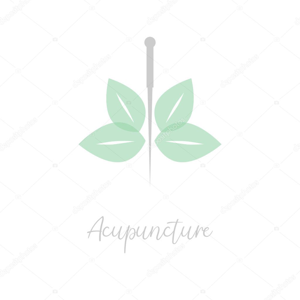 Acupuncture needle and green leaf. Alternative medicine logo, sign, icon. the acupuncture points as places to stimulate nerves, muscles and connective tissue. Acupuncture treatment. Chinese medicine