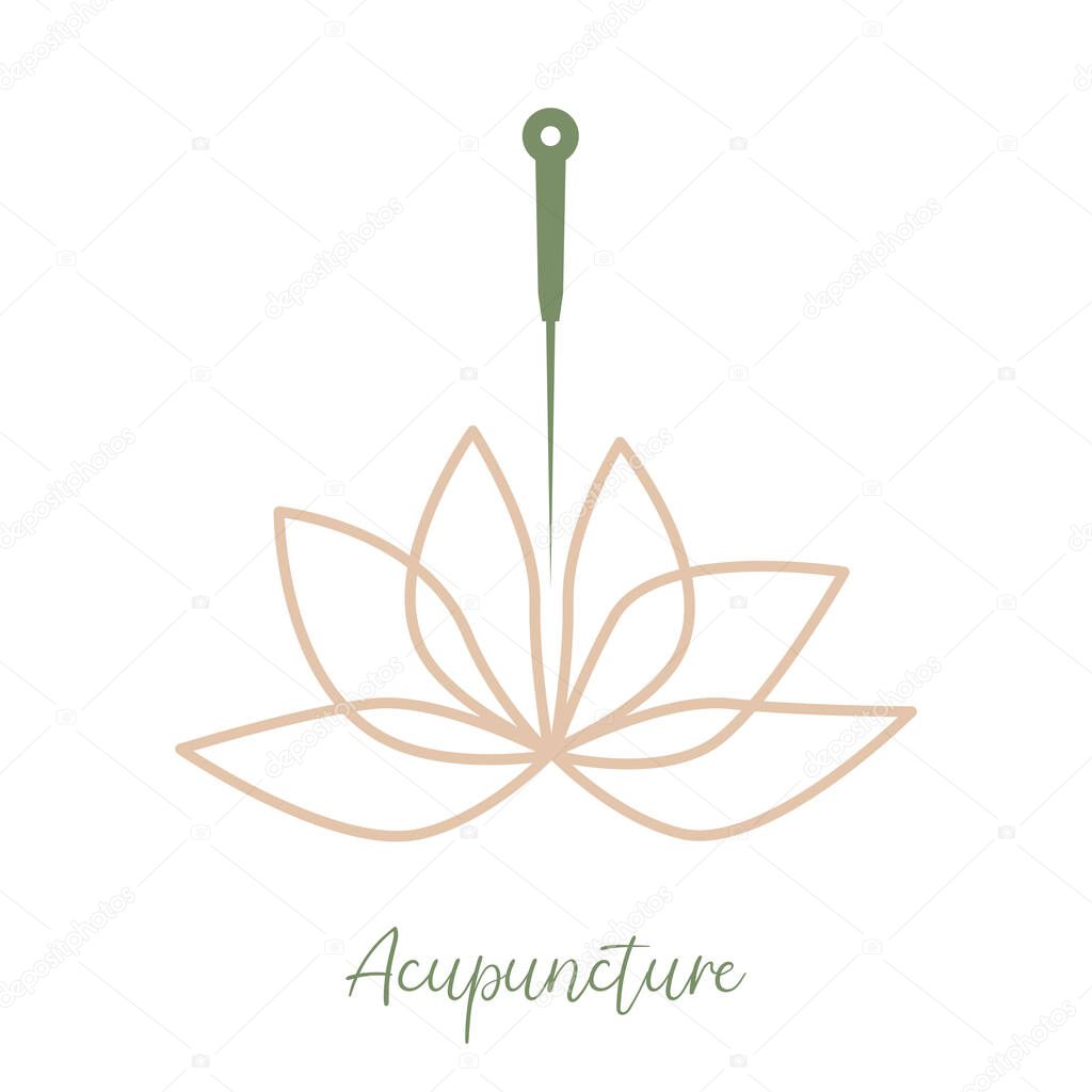 Acupuncture needle and lotus flower. Alternative medicine logo, sign, icon. the acupuncture points as places to stimulate nerves, muscles and connective tissue. Acupuncture treatment. Chinese medicine