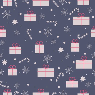 Noel tatlı bastonlu, kar taneli, hediye kutulu kusursuz desenler. 2021 yeni yıl geçmişi. Vektör arkaplanı. Duvar kağıtları, şablon dolguları, web sayfası arkaplanları, yüzey dokuları, tekstil için mükemmel