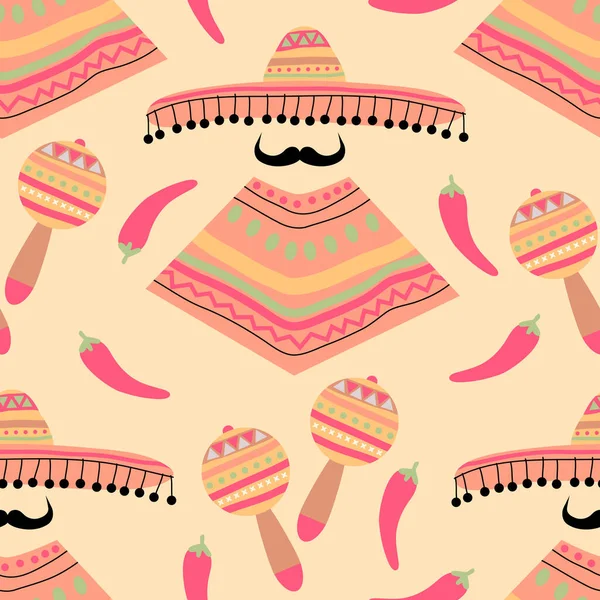ソムブレロ帽子 口ひげ ポンチョ マラカス チルペッパーベクトルの背景を持つメキシコのシームレスな音楽パターン パターンフィル ウェブページ 表面テクスチャ 繊維に最適です — ストックベクタ