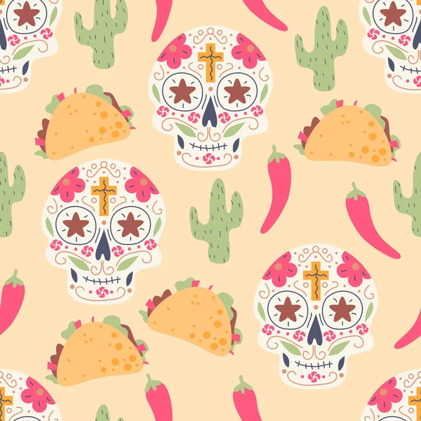 Kafatası Taco Kaktüs Soğuk Karabiber Arka Planlı Kusursuz Meksika Deseni — Stok Vektör