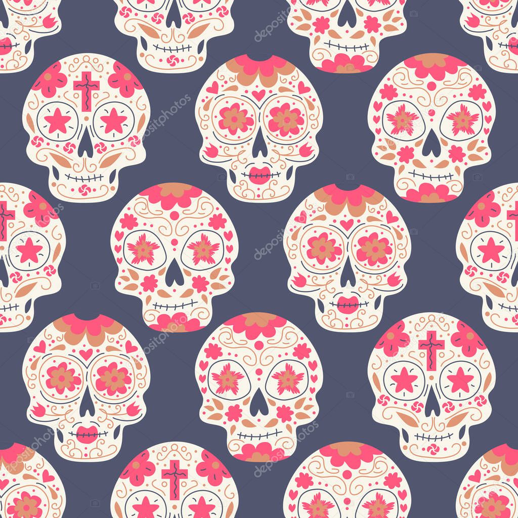 Seamless pattern. Calavera skulls, Sugar skulls for Mexican Day of the Dead, Day of the dead illustration with traditional Mexican skulls decoration. Background