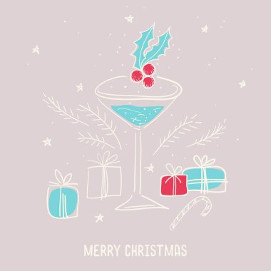 Mutlu noeller. Tatil kokteyli, hediye kutusu. Noel tatili geçmişi. Noel partisi, kutlama. Kokteyl kadehi ve hediyeler.