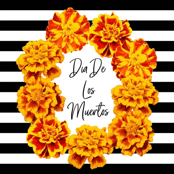 マリーゴールドの花のガーランド 死者の日だ ハロウィンだ メキシコの花の庭 宗教のお祝いの休日の装飾 黒を基調としたベクトルイラスト 死んだフレームのメキシコの日 — ストックベクタ