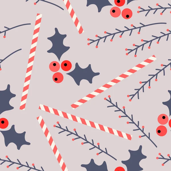 Seamless Pattern Christmas Holly Berries Sweet Candy Cane Vector Background — Stock Vector