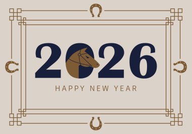 Çin takvimine göre 2026 yılının sembolü At ile vektör illüstrasyonu. Kutlama kartları, posterler, afişler için hayvanlı baskı tasarımı. At Yılı. Mutlu Çin Yeni Yılı