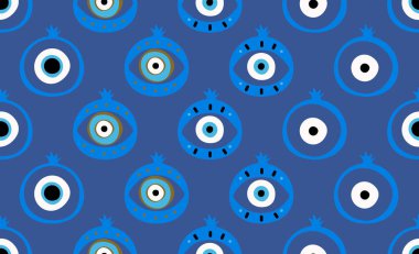 Nar Türk gözü pürüzsüz desen. Kem gözlü kepçe desensiz vektör çizimi. Nar meyvesinin vektör çizimi. Geleneksel koruma tılsımı arka planı, eriyen mavi gözler