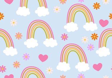 Elle çizilmiş gökkuşakları, kalpler ve çiçekler ile kusursuz çocuksu desen. Kumaş, ambalaj, tekstil, duvar kağıdı ve giyim için yaratıcı İskandinav çocuk dokusu