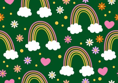 Elle çizilmiş gökkuşakları, kalpler ve çiçekler ile kusursuz çocuksu desen. Kumaş, ambalaj, tekstil, duvar kağıdı ve giyim için yaratıcı İskandinav çocuk dokusu