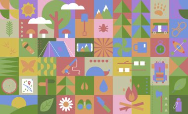 Yürüyüş, kamp. Turistlerin hayatta kalma çantası ve kamp çadırı. Düz ikon koleksiyonu. Açık hava macerası seti, yürüyüş ekipmanları, yolculuk malzemeleri. Vektör illüstrasyonu