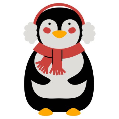 Atkı takmış sevimli bir penguen. Kış Noel pengueni. Kırmızı şapkalı ve atkılı penguen.