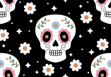 Meksikalı kafatası ve çiçekli kusursuz desen. Calavera kafatasları, Meksika Ölüler Günü için şeker kafatasları, geleneksel Meksika kafatasları süslemeli ölü illüstrasyon günü. Arkaplan