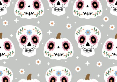 Meksika kafatası ve balkabağı ile kusursuz desen. Calavera kafatasları, Meksika Ölüler Günü için şeker kafatasları, geleneksel Meksika kafatasları süslemeli ölü illüstrasyon günü. Arkaplan