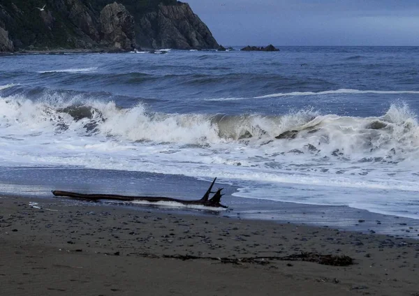 Ondas Espumosas Oceano Azul Que Atinge Costa Praia Arenosa — Fotografia de Stock