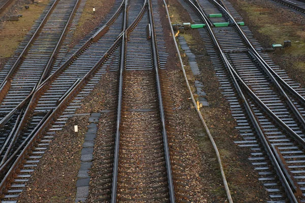 Demiryolu raylarını geçiyor. Yukarıdan görüntüle