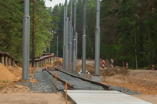 Nova Construção Trilhos Eléctricos Instalação Ferroviária — Fotografia de Stock