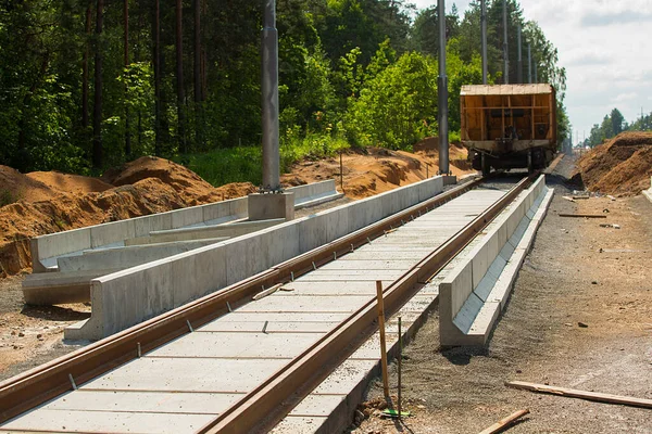 Nueva Construcción Vías Tranvía Instalación Ferroviaria —  Fotos de Stock