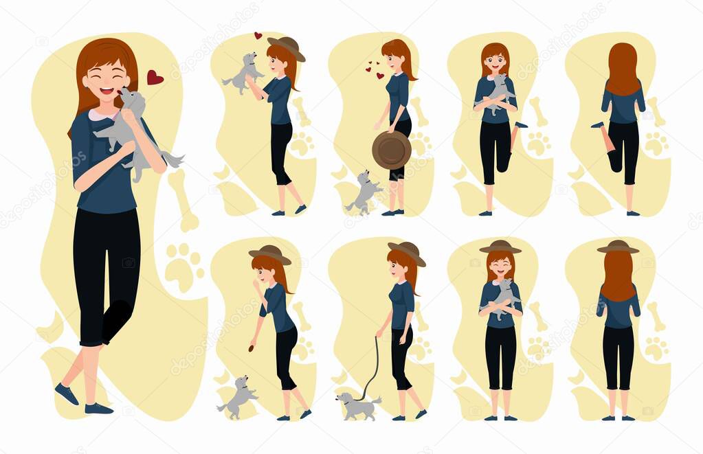 Pretty young woman constructor in flat style with dogs. Vector cartoon girl character