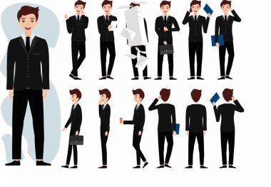 Siyah takım elbise giyen genç karakter bir sürü jestle, düz vektörle çalışıyor. 