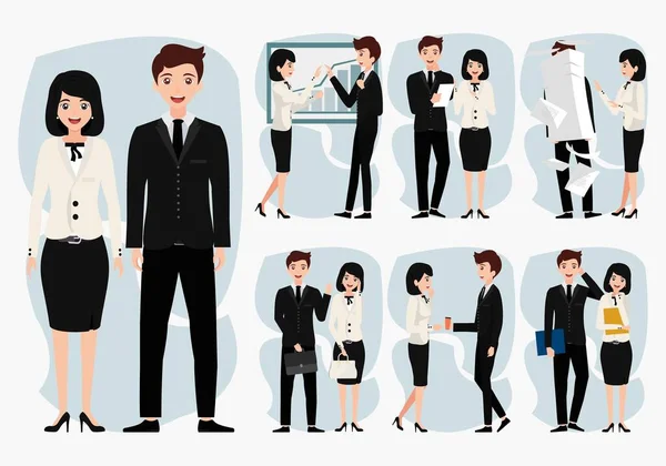 Ofisinde çift koleksiyonu olan çizgi film karakteri. Çeşitli jestlerle ayakta duran kadın ve erkek çizgi filmlerinin vektör çizimi..