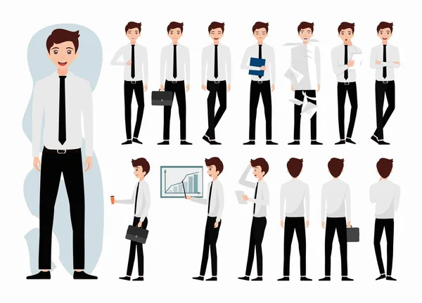 Birçok hareketle, düz vektörle çalışmak için beyaz gömlek kullanan genç karakter 