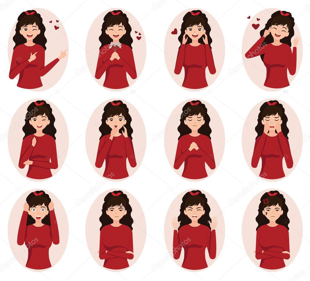 Cartoon girl vector character. Beautiful young female constructor in a red shirt with various cute and impressive expressions.