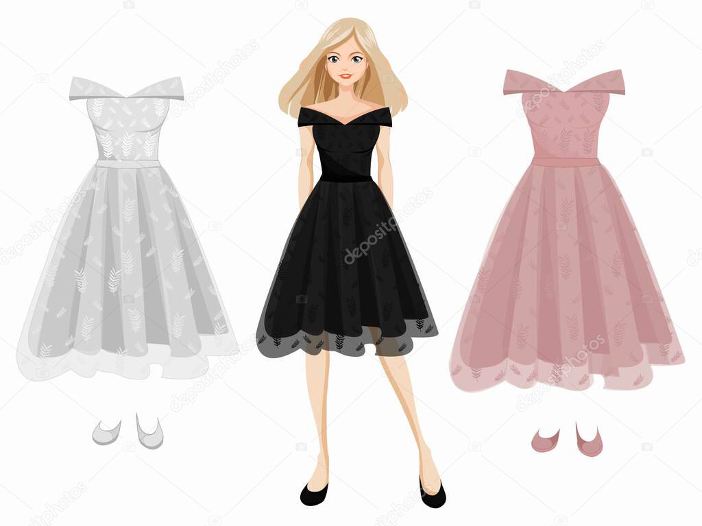 Flat vector woman wearing a pretty dress with a choice of pink, black and white